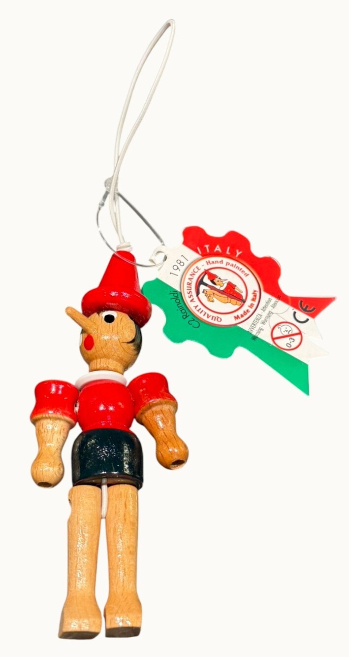 Vintage C2 Rainoldi Pinocchio Wooden Jointed Ornament Hand Painted Italy Tag